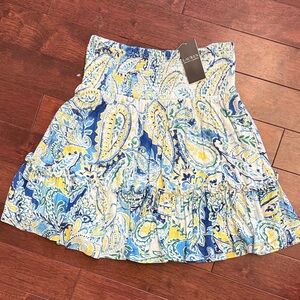 NWT Ralph Lauren Blue Yellow Paisley Linen Blend A-Line Skirt XS